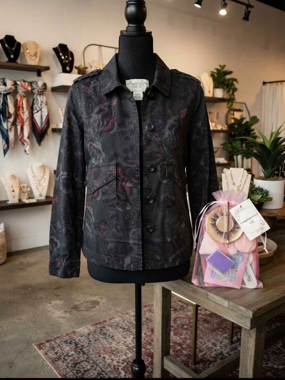 NWOT American Rag Black Dark Red Floral Suade Jacket & Beauty Gift Bag